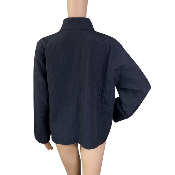 Eileen Fisher Black Minimalist Textured Mock Funnel Neck Zip Up Jacket Size PL - Picture 5 of 11